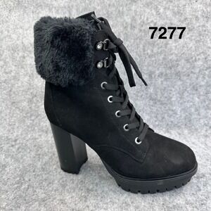 GUESS Amiss Combat Boots Womens 8 Black Faux Suede Fur Trim Lace Up Heels